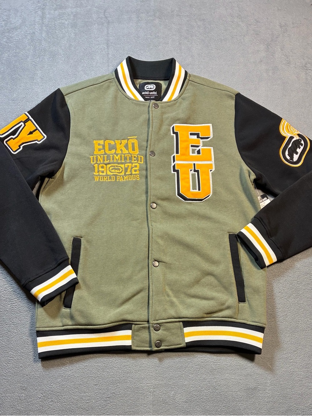 Ecko Unlimited Olive Green and Black Varsity Jacket with Yellow Trim